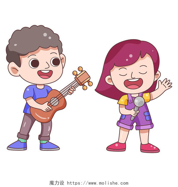 卡通家庭生活教育兄妹弹吉他唱歌插画素材png